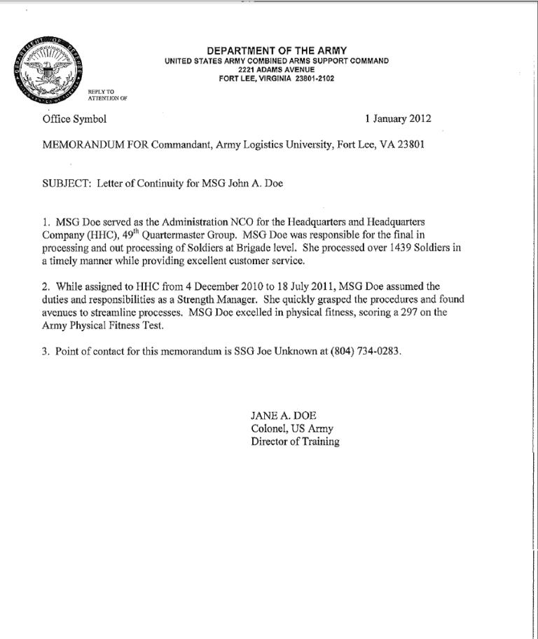 original military assignment certification memorandum