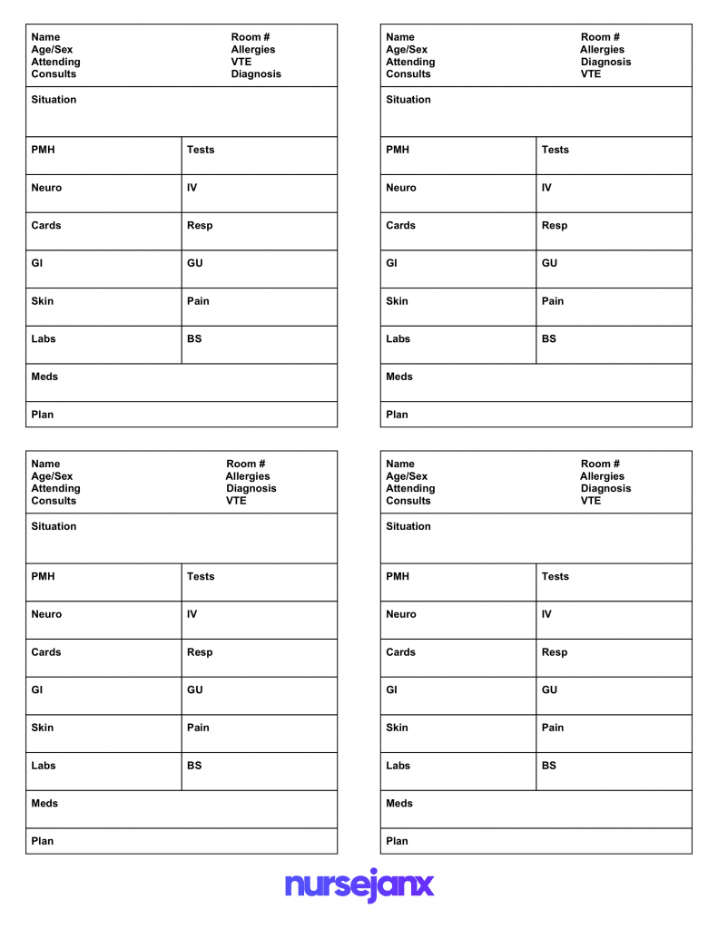 Brain Nursing Report Sheet 4 Patients Per Page Nursejanx In Med 