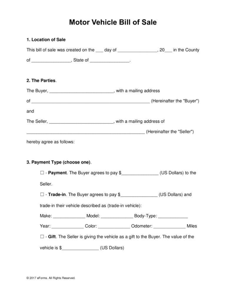 free-motor-vehicle-dmv-bill-of-sale-form-word-pdf-pertaining-to