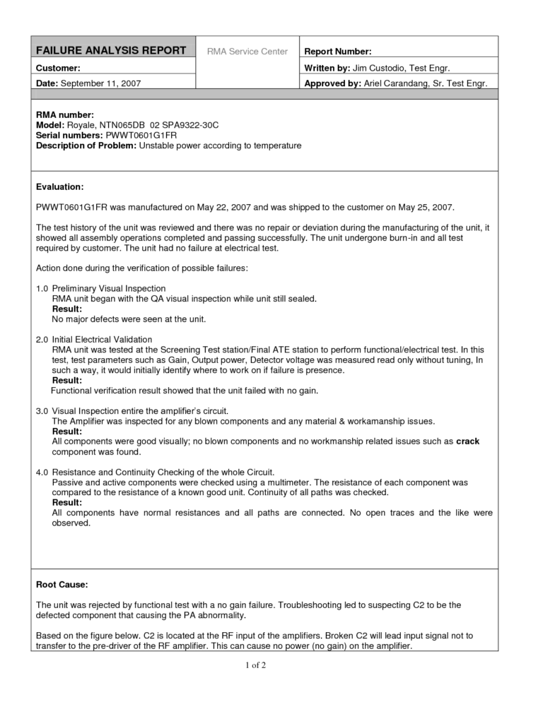 Free Product Failure Analysis Report Example With Evaluation within ...