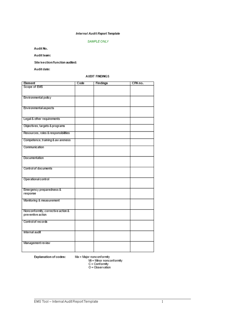 Internal Control Audit Report Template CUMED ORG